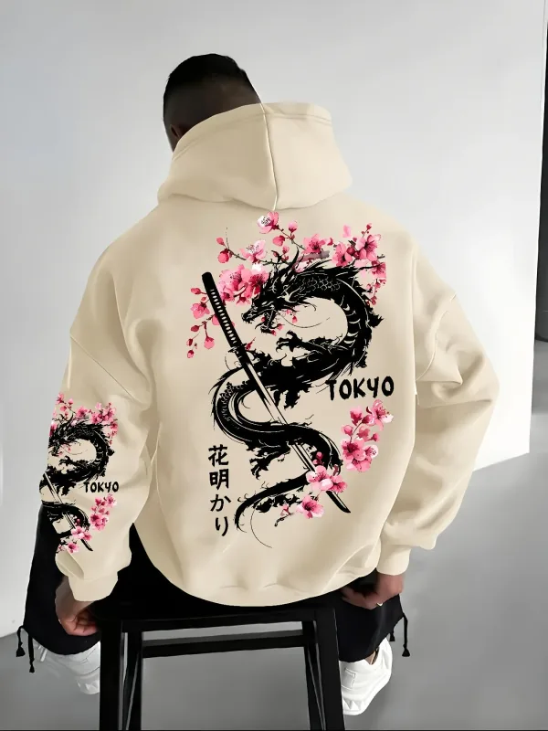 Men's anime-style dragon-patterned cherry blossom print hooded pullover for winter warmth loose and casual style