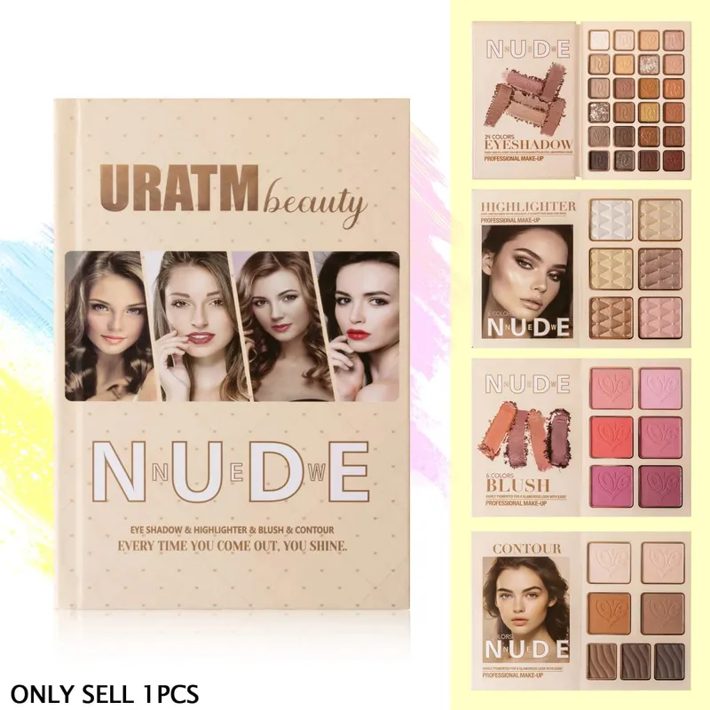 Kit de livro de maquiagem nude multifuncional multipáginas, sombra, blush, iluminador e paleta de pó para contorno