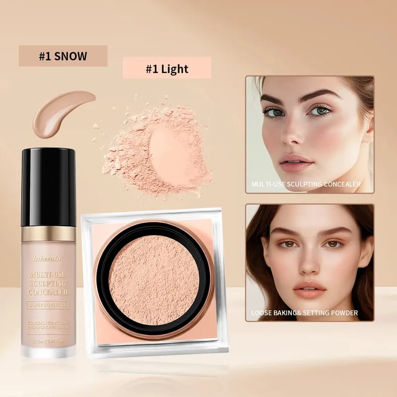 2pcs Face Makeup Set With Concealer And Loose Setting Powder Natural Face Smooth Matte Finish Women Cosmetics Korean Makeup