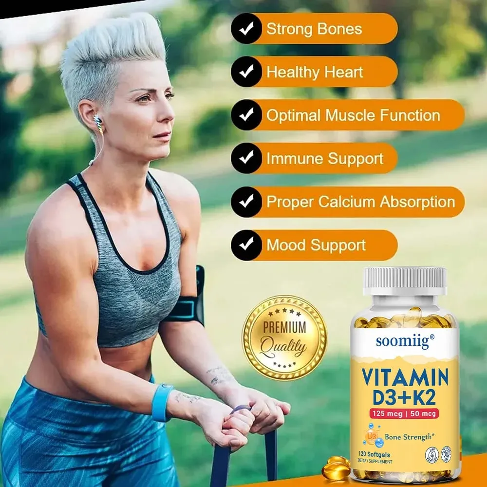 Cápsulas de vitamina D3 + K2 5000IU 120pcs Suplemento vegano de suporte ósseo e imunológico para precisão óssea e saúde geral