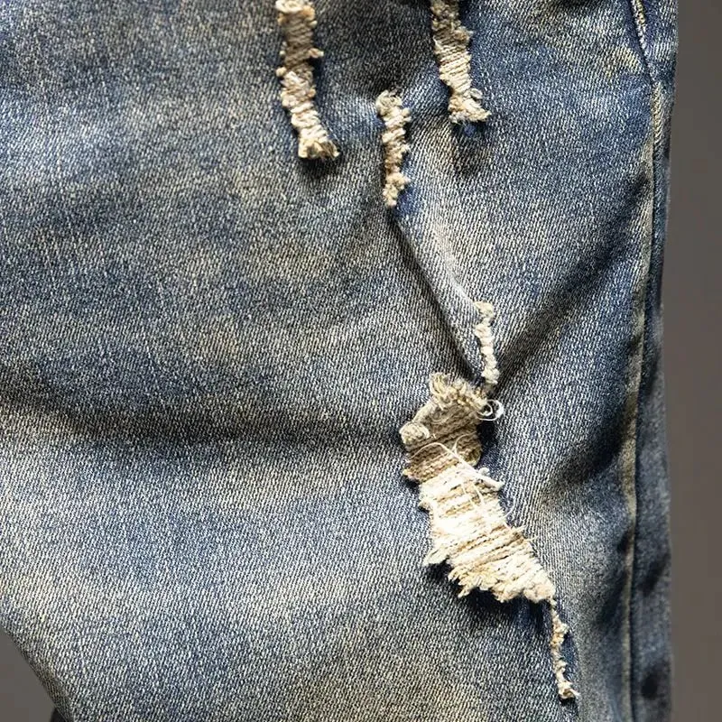 Spring and Autumn Elastic Nostalgic Large Size Ripped Jeans Men's Loose Fat Plus Trendy Brand Fat Guy Pants Washed Long Pants