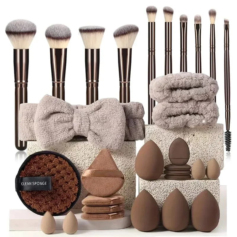 20/40Pcs Makeup Brushes and Sponges Set Brown Makeup Puff Beauty Egg Headband Wristband Remover Kit Makeup Tool Gift