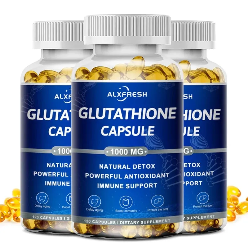 Cápsulas de glutationa, suplementos antioxidantes, melhoram o sistema imunológico e a saúde da pele, clareamento, beleza, cuidados com a pele e anti-envelhecimento