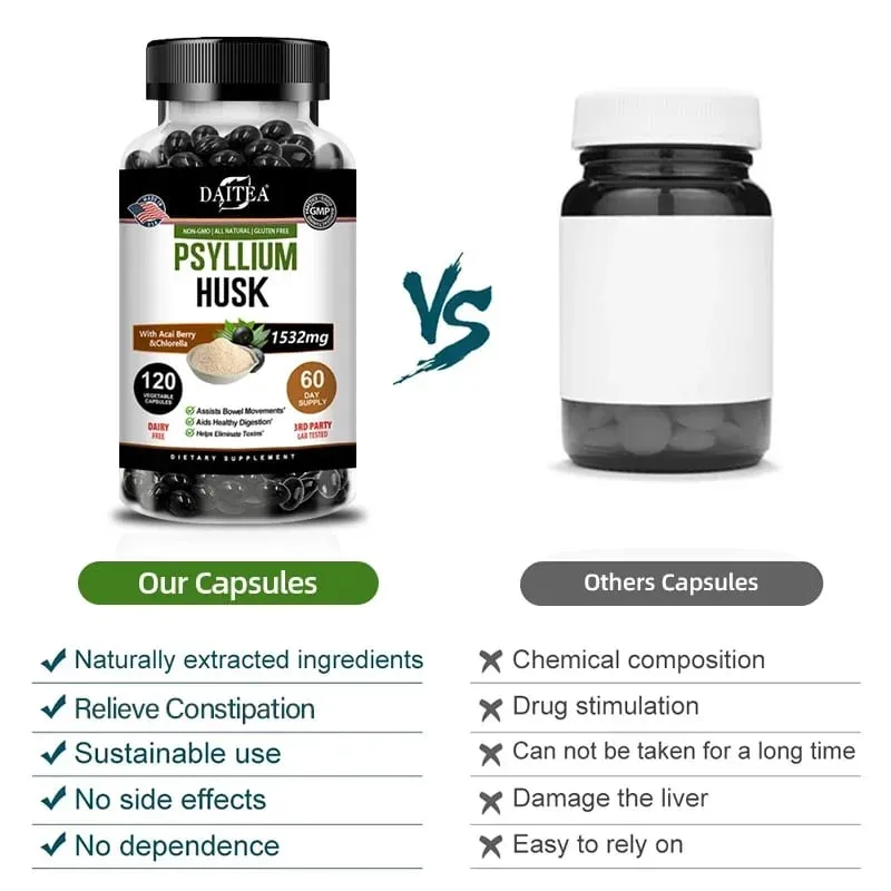 Psyllium Husk Capsules - Improve Constipation Accelerate Metabolism Nutrient Digestion Intestinal Health for Adult Men &Women
