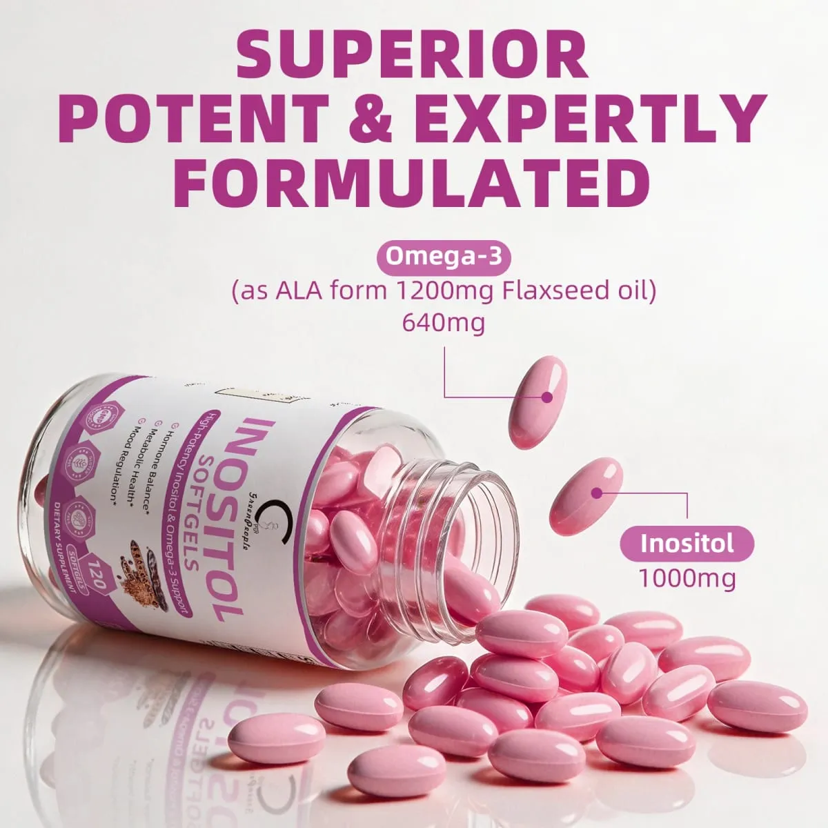 Cápsula de inositol com ômega-3, 120 peças, suporta função ovariana, equilíbrio hormonal, suplementos de fertilidade para mulheres