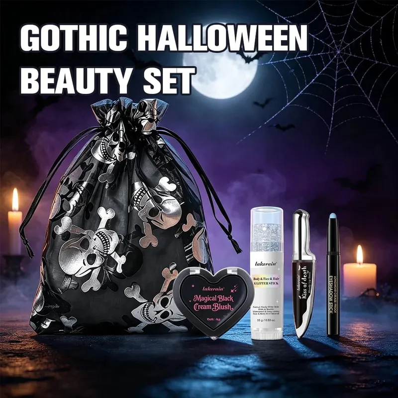 Conjunto de maquiagem gótica para halloween, 5 peças, mancha labial, creme escuro, blush, sombra, delineador com glitter, com bolsa, cosplay, festa, rosto e corpo