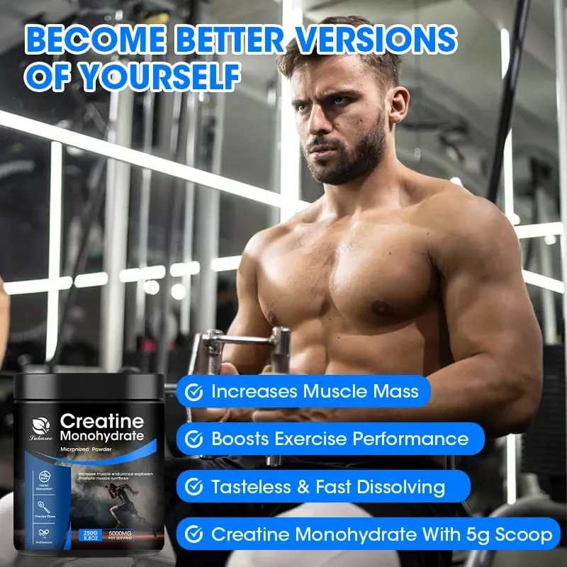 Suplementos de creatina Lukaree monohidratados para crescimento muscular, resistência e suporte energético, aumentam o desempenho atlético do homem musculoso