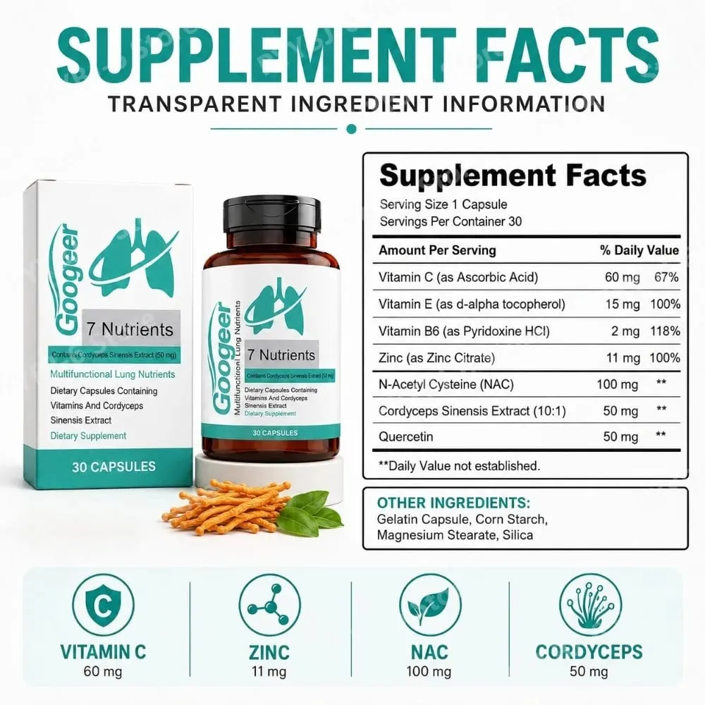 Googeer 7 Nutrientes Cápsulas de Nutrição Pulmonar com Extrato de Cordyceps Sinensis e Vitaminas Suplemento Diário de Bem-Estar Respiratório 30Ct