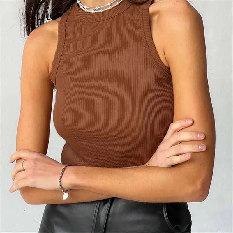 Ribbed Knitted Tops Neck Summer Basic Shirts White Black Casual Sport Vest Off Shoulder Green Women's Tank Top