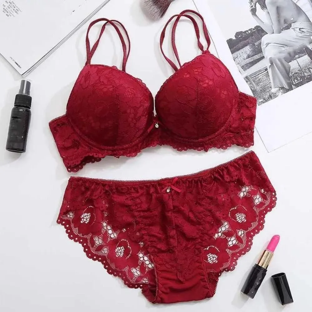 Comfortable Mesh Lace Flower Bra Low Waist Bowknot Push Up Bra Women Non Slip Lingerie Seamless Underwear Set Girl