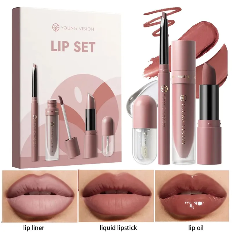Conjunto de 4 unidades kit de maquiagem labial forro batom líquido óleo labial 8 cores opcionais fosco veludo labial para maquiagem diária de festa — image 4