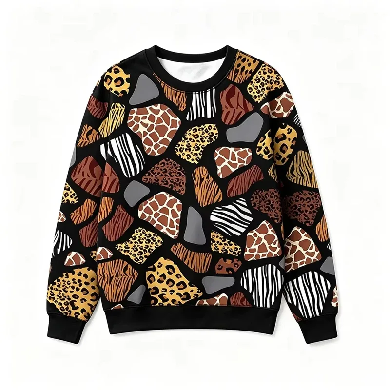 Animal retalhos padrão moletom leopardo zebra girafa impressão completa streetwear vintage casual tripulação pescoço pulôver moda topos