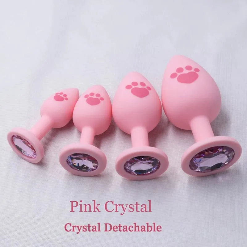 Pink Silicone Anal Plug for Woman 4 Sizes Cat Paw Pattern Smooth Surface Butt Plug Crystal Base Sex Toys For Woman Anal Dildo