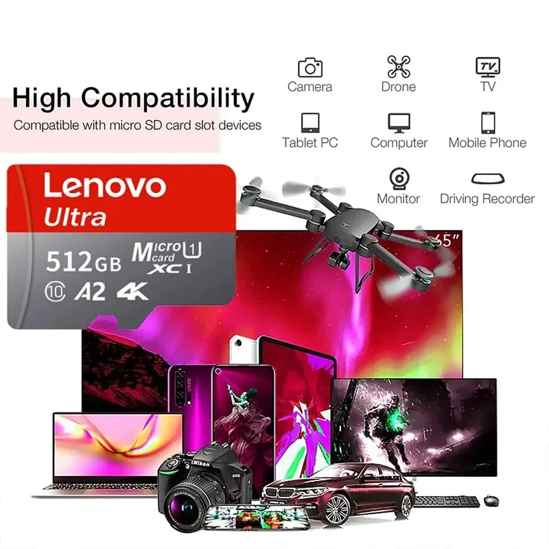 Lenovo High Speed Micro SD Memory Card 512GB 4K Full HD Video Compatible with Phone GoPro Action Camera 64GB 128GB 256GB
