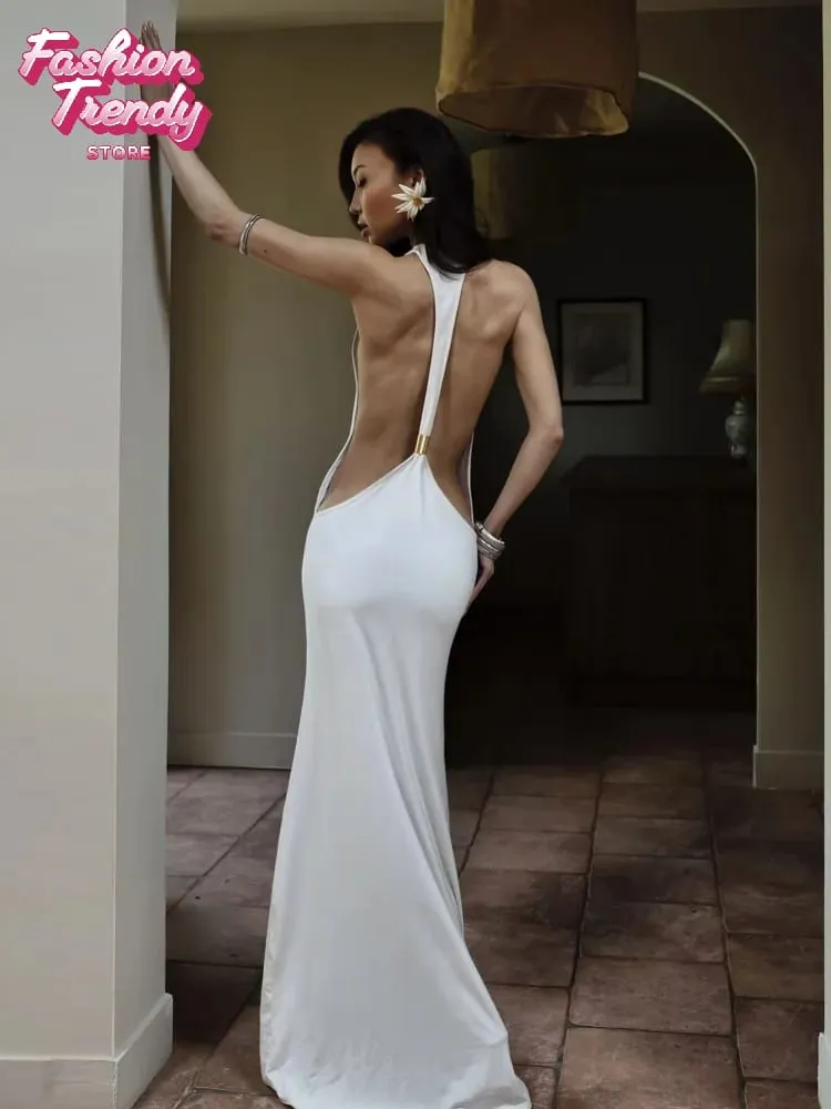Sólido halter sem costas lado recorte maxi vestido feminino estiramento jérsei até o chão magro bodycon vestidos noite clube férias robe — image 6