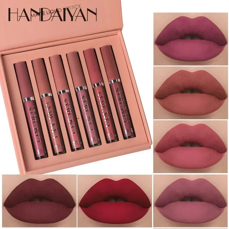 6 pçs/set Lip Gloss Longa Duração À Prova D 'Água Matte Lip Tint Copo Antiaderente Batom Líquido Caixa de Presente Cosméticos Maquiagem