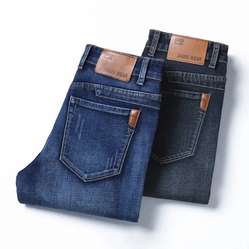 Nova versão coreana masculina é macia e confortável estiramento regular ajuste jeans moda casual algodão negócios preto calças jeans