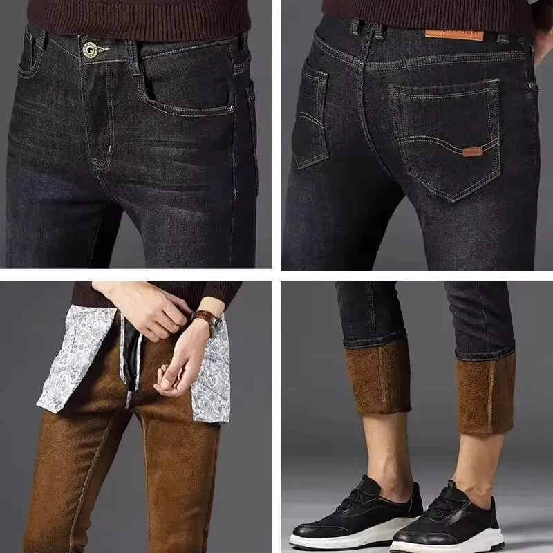 Calça jeans masculina refletiva com forro de lã – forro grosso e quente, jeans durável e acabamento reflexivo, seguro para viagens noturnas de inverno e casual