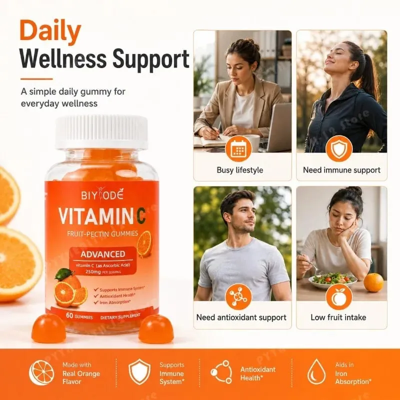 Vitamin C Gummies 250mg with Vitamins A and E Orange Fruit Pectin Chewables 60 Count Daily Nutrition for Adults Men & Women — image 3