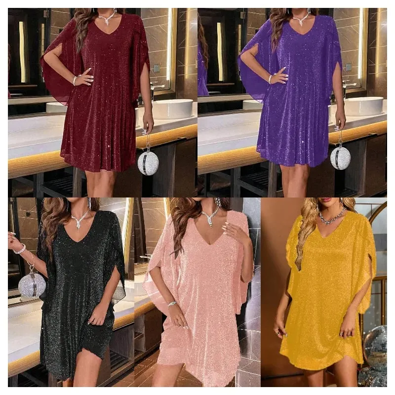 Bright Sequin Dresses Women V-neck See Through Chiffon Patchwork Irregular Half Sleeves Loose Mini Dress Female Vestidos 2024