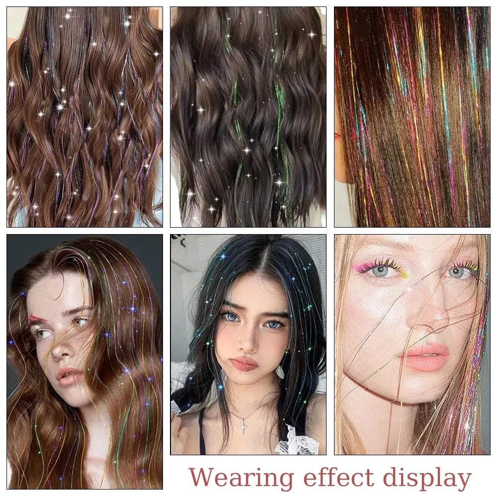 Extensões de cabelo sintéticas brilhantes, 93/120cm, fios coloridos de arco-íris, para meninas, cabelo, decoração falsa a laser