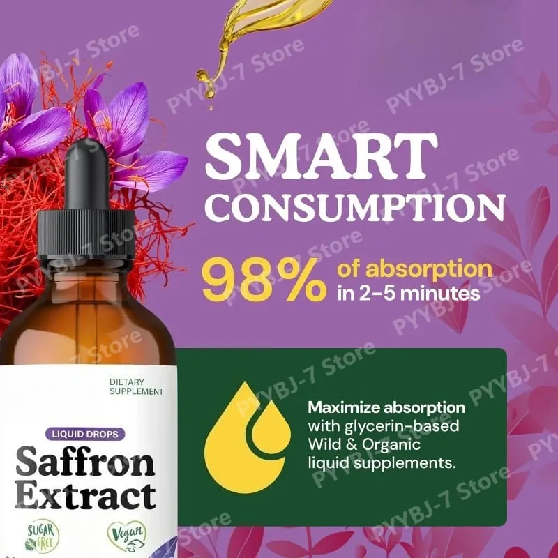 Extrato líquido de açafrão orgânico cai suplemento de ervas à base de plantas vegan, sem açúcar e sem álcool 60ml suplementos diários de saúde