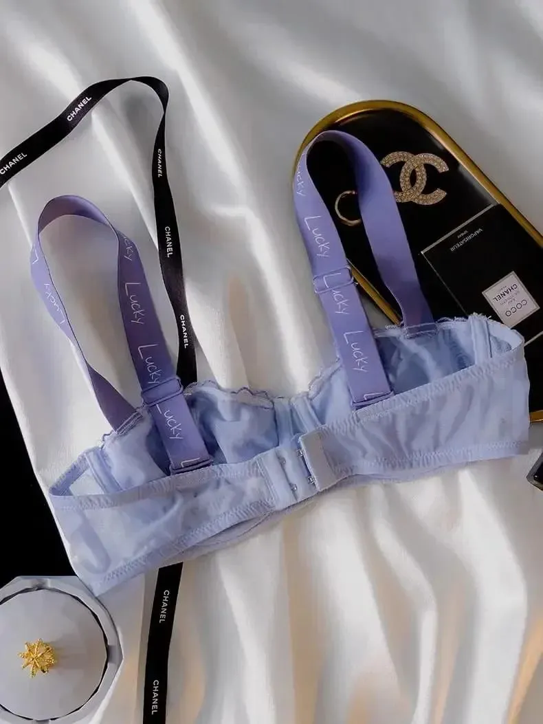 Conjunto de sutiã minimizador de renda francesa – meia xícara de suporte sem fio, bralette transparente de busto completo com costas cruzadas e copas de renda