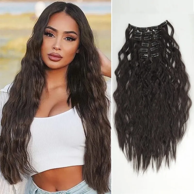 24 polegadas 16 clipe preto natural diário longo encaracolado extensões de cabelo conjunto de sete peças para mulheres