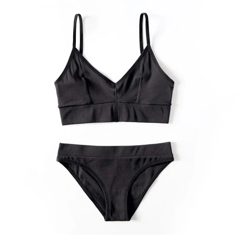 Conjunto de lingerie feminina com decote em v, sutiã e cuecas de alça fina, cor sólida, roupa íntima elástica macia, roupa de dormir