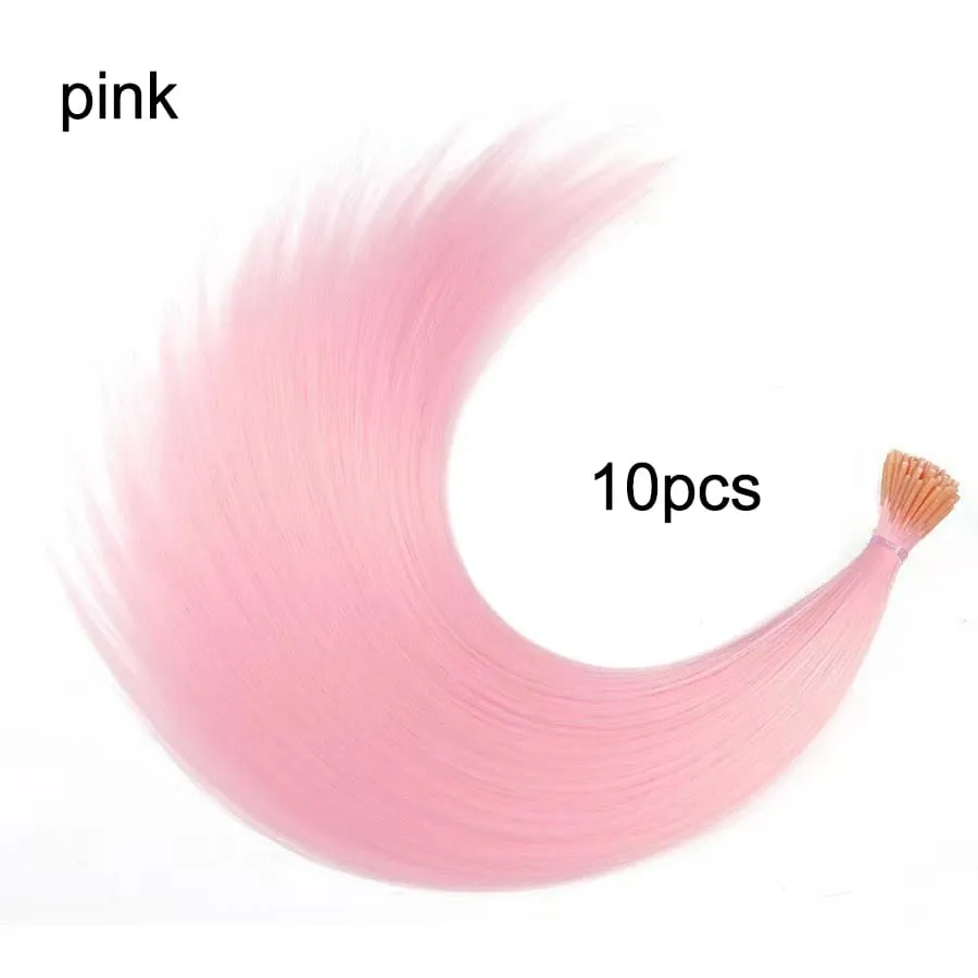 Kit de extensões de cabelo sintético arco-íris de 20 polegadas, 10 peças, extensões i-tip coloridas com micro contas, agulha de gancho para mulheres, crianças, cosplay