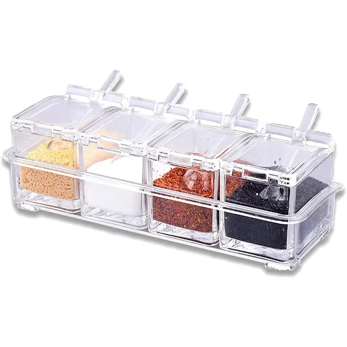 Acessórios de cozinha gourmet caixa de tempero acrílico com 4 colheres de servir conjunto frasco de especiarias condimento garrafa cruet suprimentos de cozinha