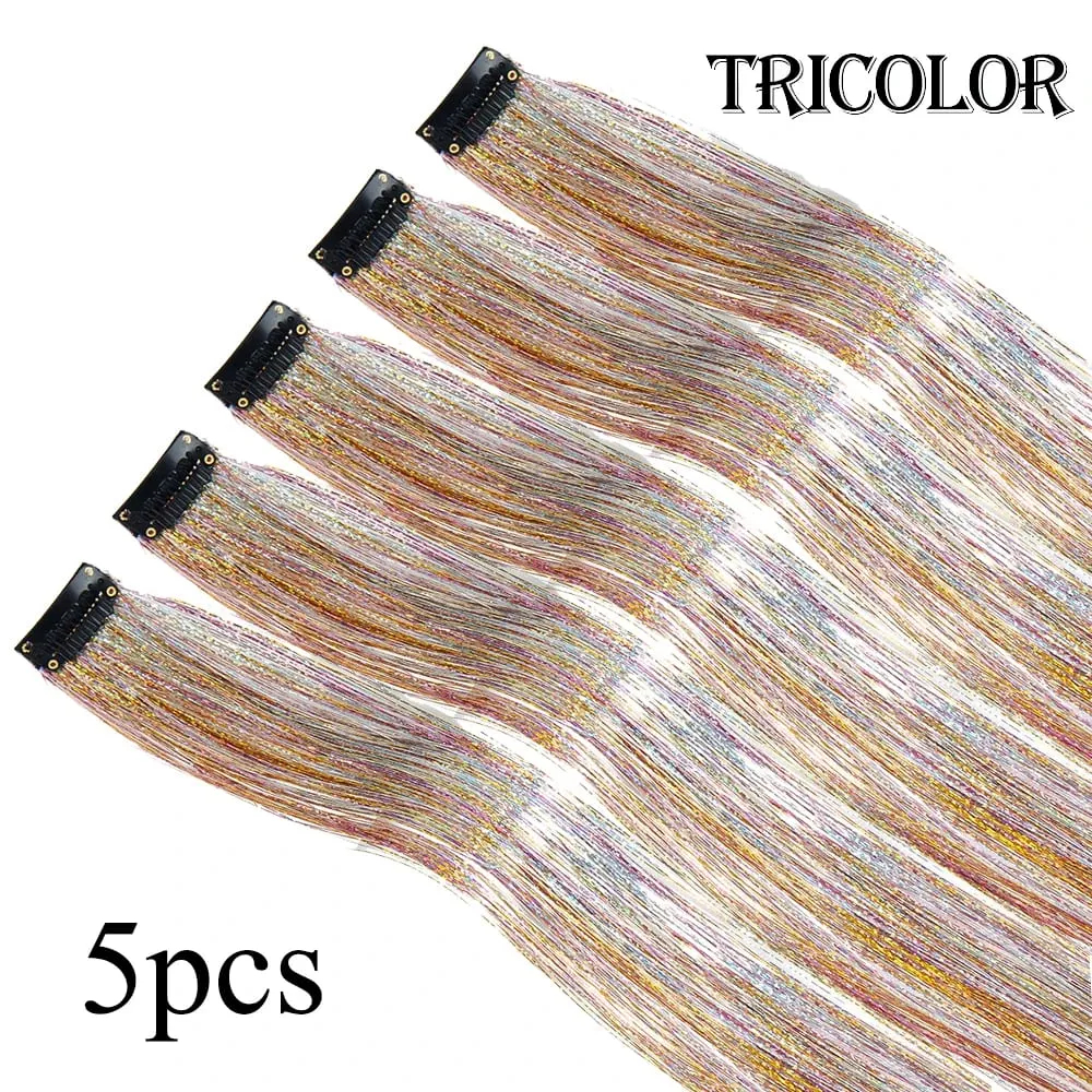 Atacado 5 unidades/pacote espumante brilhante extensões de cabelo clipe em brilho brilhante cabelo enfeites arco-íris brilhante brilho cabelo ouropel rosa/vermelho