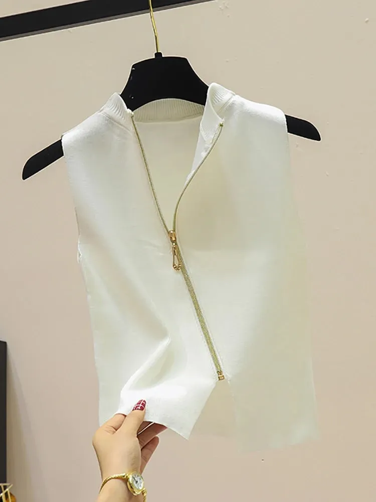 2026 Summer Spring zipper Knit Tank Top Cami Korean Camisole Elastic Vest O Neck Solid Color New Slim Breathable Tops White