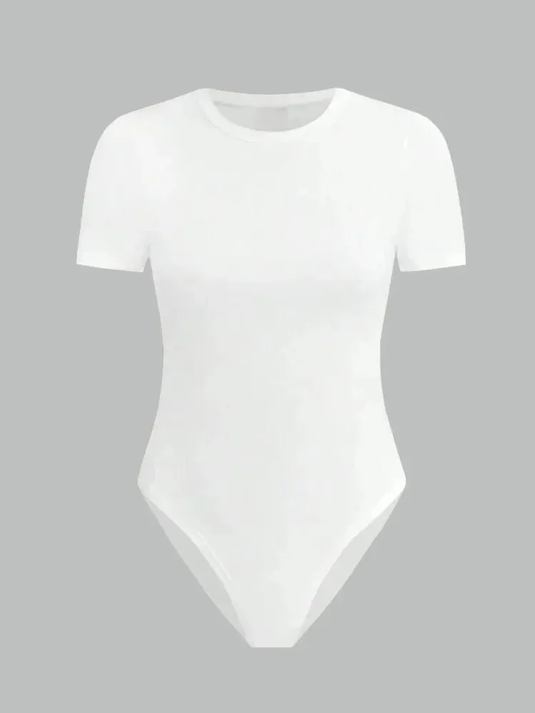 Bodysuit básico sólido de manga curta para mulheres verão em torno do pescoço bodycon macacão blusa streetwear