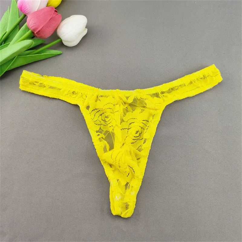 Lace Floral Sexy Men's Underwear Solid Hollow Perspective Thong Comfort Bugle Enhance Sissy G-String Gay Low Rise T-back Panties