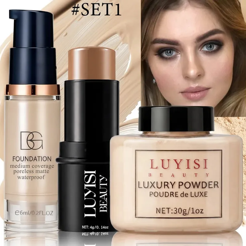 Conjunto de maquiagem facial: 1 unidade de base + 1 unidade de bastão de contorno + 1 unidade de pó de configuração, cobertura completa, cosméticos macios à prova d'água e à prova de suor.
