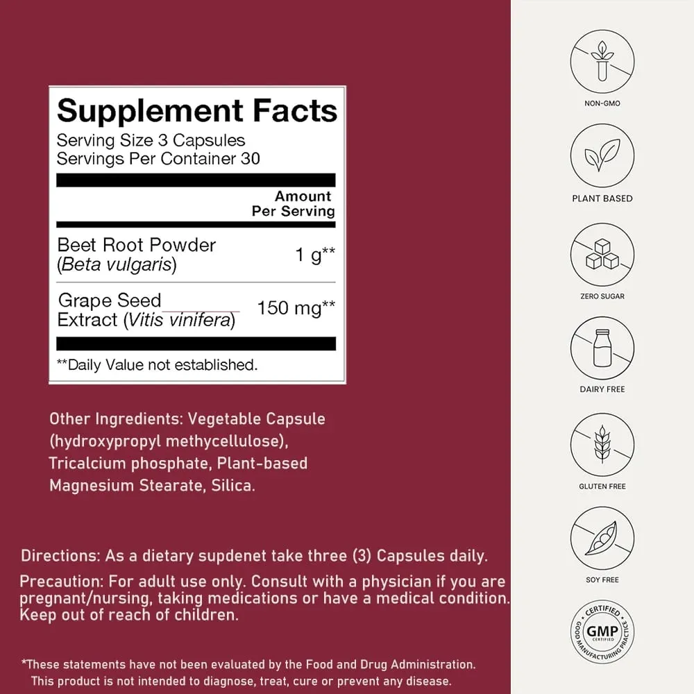 SuperBeets Suplementa Cápsulas de Óxido Nítrico de Raiz de Beterraba Orgânica de 1000 mg - Suporta Energia, Circulação Saudável, Fluxo Sanguíneo - Vegano