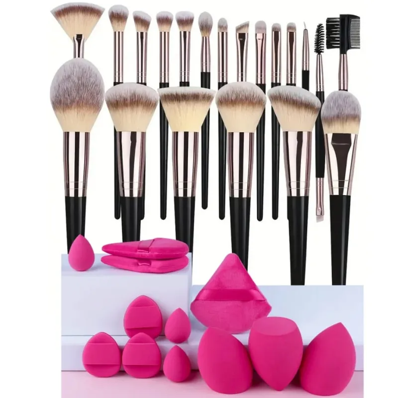 3-20 pçs pincéis de maquiagem conjunto sombra de olho fundação blush iluminador corretivo escova ferramenta de beleza feminina esponjas de polegar puffs