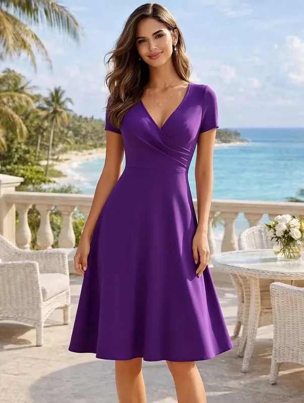 Feminino elegante em torno do pescoço verão manga curta sólido a linha na altura do joelho vestido de cintura alta swagger festa de casamento casual partida