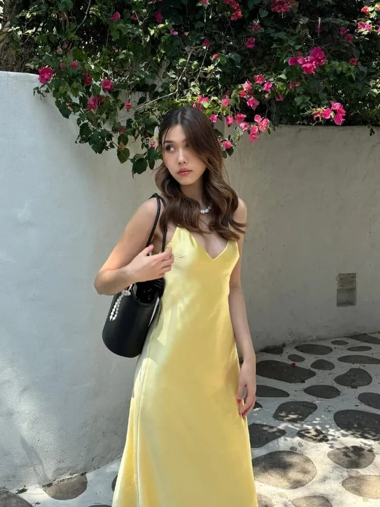 Women Solid Satin Sling Long Dress Casual Backless Sleeveless V-neck Pleated Gowns 2026 Summer Vacation Evening Party Robes