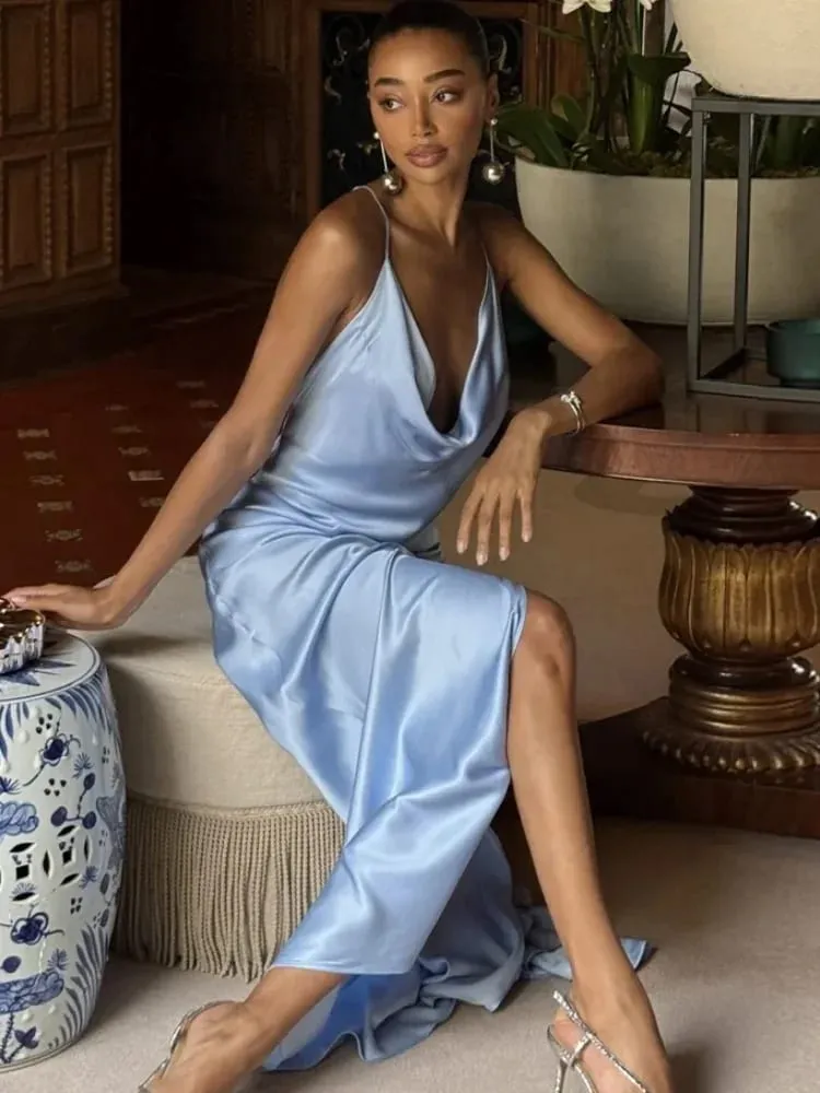 Solid Thin Spaghetti Strap Cowl Neck Slip Long Dress Women Sleeveless High Slit Slim Fitted Evening Gowns Elegant Party Outfit