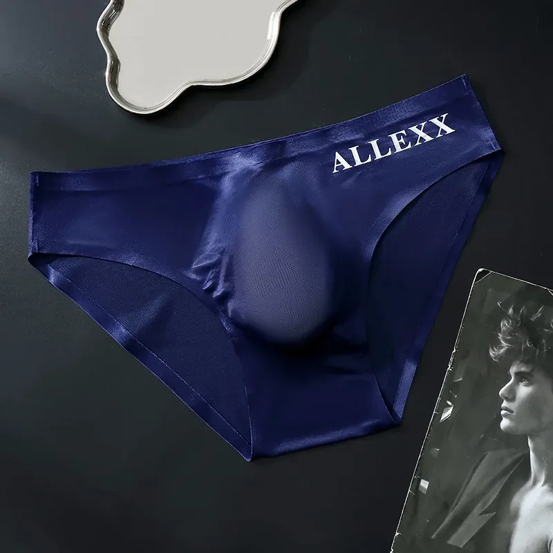 Cuecas de seda gelo sem costura masculina sissy convexo bolsa calcinha ultra-fino ver através lingerie underpant elástico baixo crescimento roupa interior
