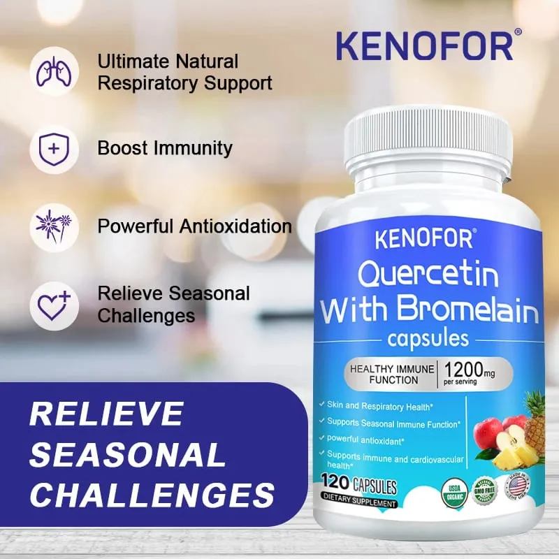 Cápsulas de complexo de quercetina + bromelaína 1200 mg - suporte imunológico e digestivo com vitamina C e D3 30/60/120 contagens