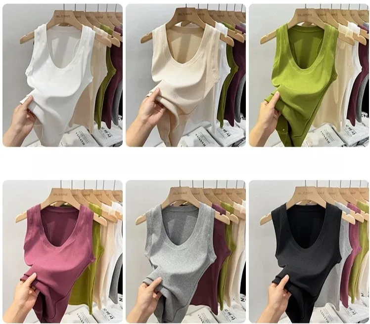 2026 verão básico elástico tanque superior feminino sólido baixo em torno do pescoço com nervuras camisola estilo coreano versátil magro tanques & camis