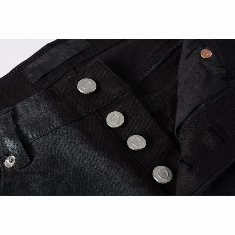 男士黑色塗層修身錐形牛仔褲水洗仿舊設計紐扣門襟高街風格