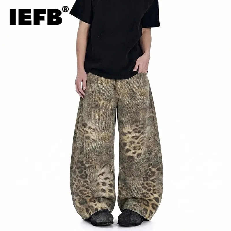 Calça jeans masculina vanguardista com estampa de leopardo, perna larga, larga, solta, casual, calça comprida 9x2894