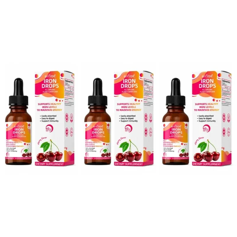 Iron Drops Liquid Supplement 18 Mg (100% DV) Ferrochel Ferrous Bisglycinate Chelate Easy Absorption Cherry Flavor 60ml