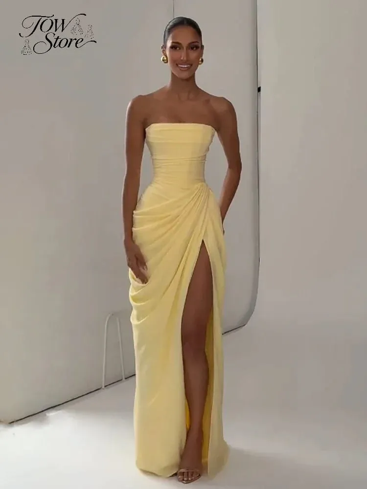 Mulheres sexy sólido plissado vestido sem alças senhora chique fora do ombro sem costas cintura alta vestidos divididos 2026 verão vestido de festa à noite — image 3