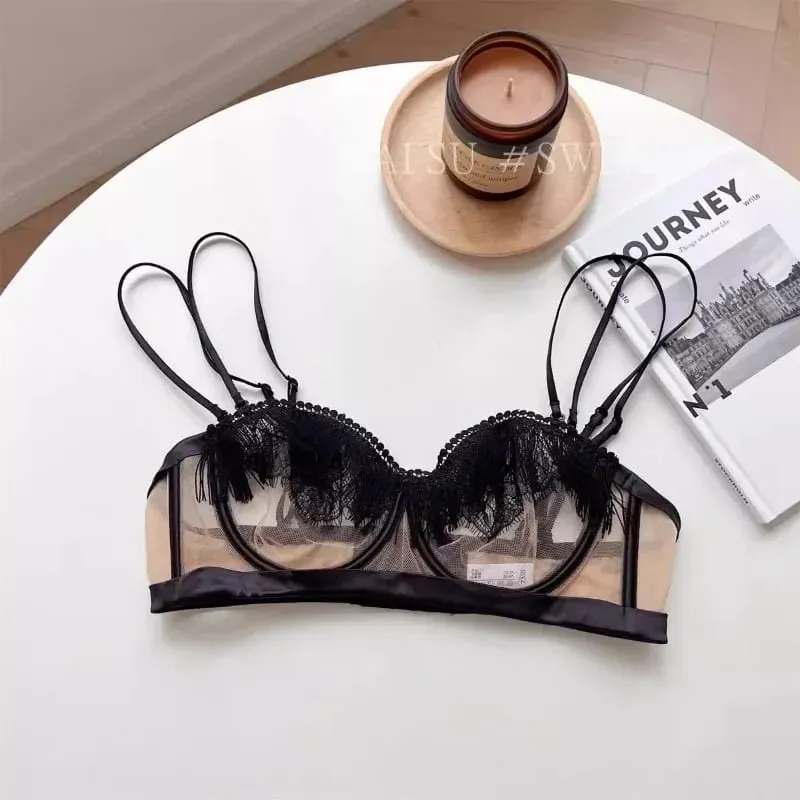 Premium Sheer Mesh Bra Set Fringed Lace Half-Cup Minimizer Ultra-Thin Luxury Lingerie Full Bust Coverage Slim Silhouette