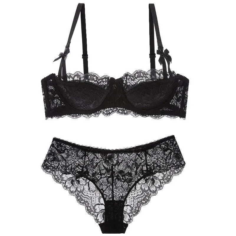 Francês pura paixão arco em forma de alça de ombro renda sexy meia xícara push up conjunto sutiã feminino lingerie fina peito grande pequeno copo S-XL
